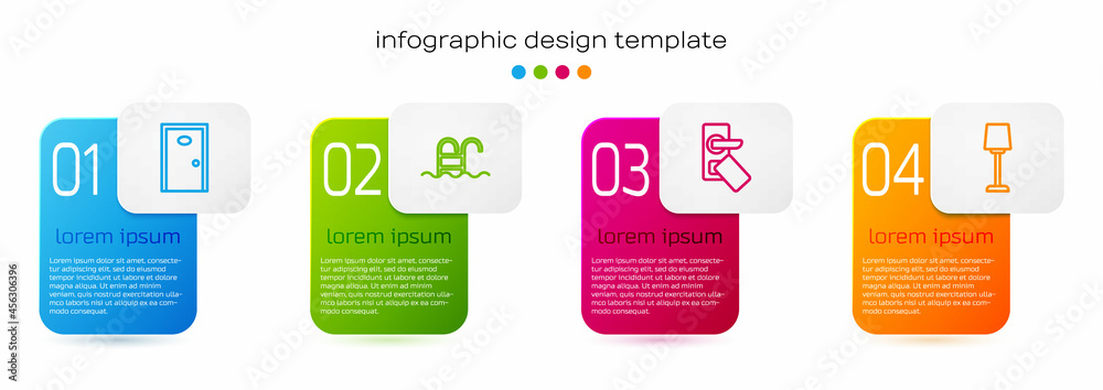 Set line Hotel door, Swimming pool, Digital lock and Table lamp. Business infographic template. Vect