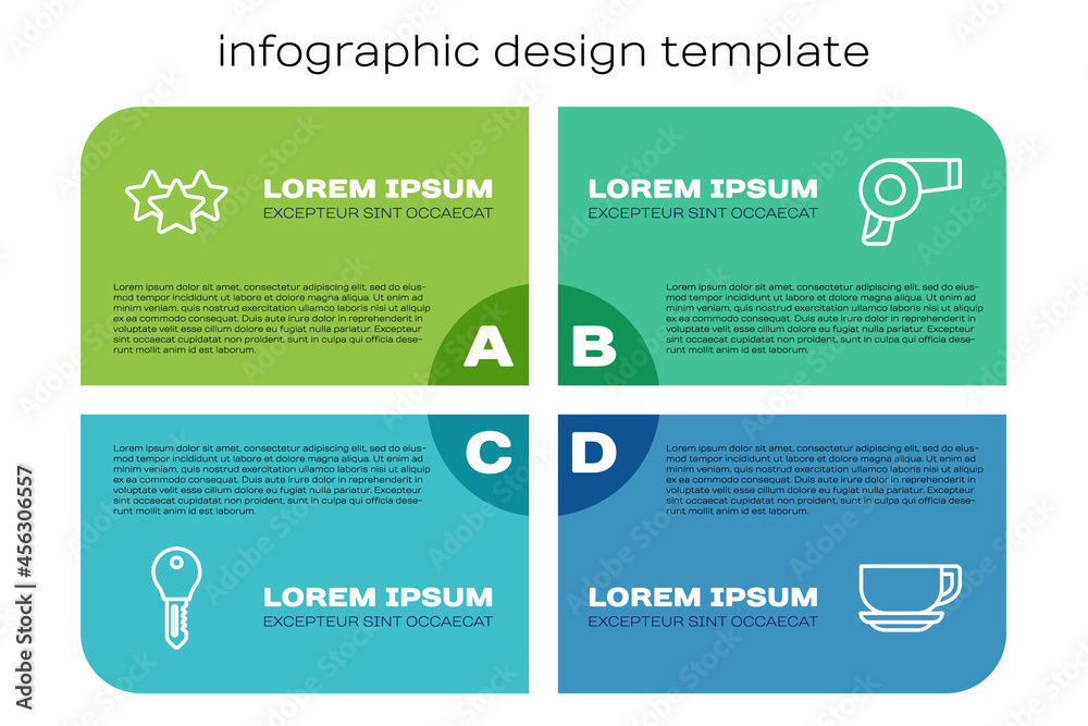 Set line酒店门锁钥匙，星级，咖啡杯和吹风机。商业信息图模板