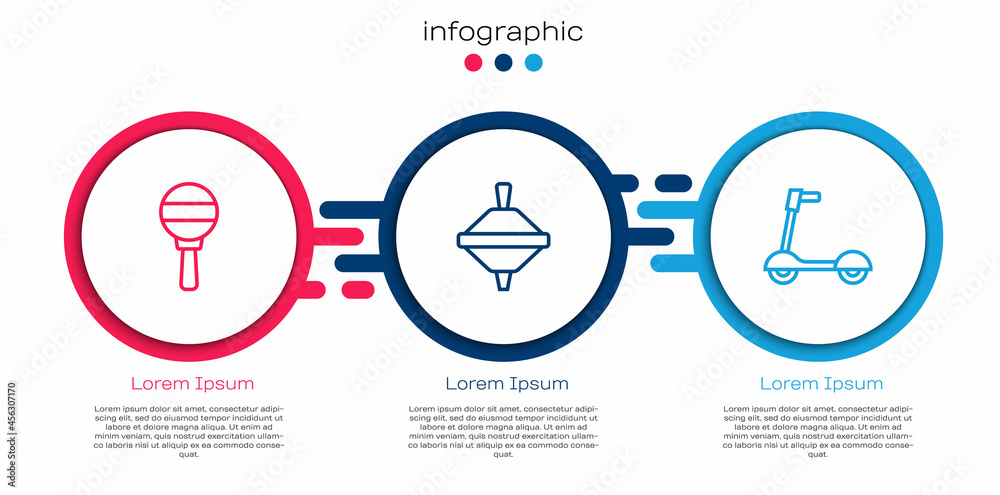 Set line Rattle婴儿玩具，Whirtigig和Roller踏板车。商业信息图模板。Vector