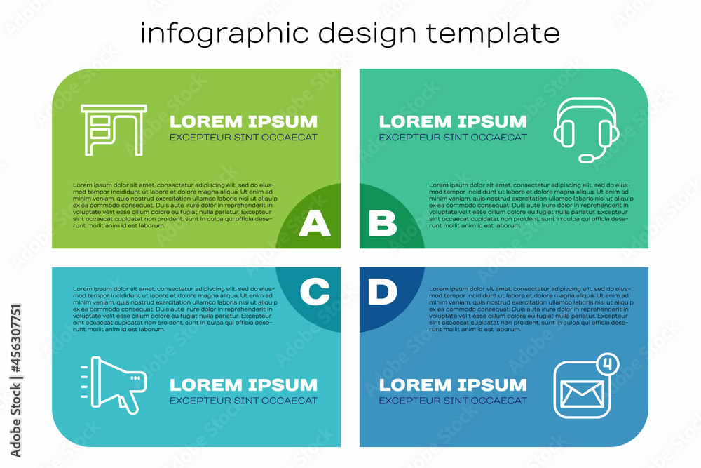 设置线路扩音器、办公桌、信封和耳机。商业信息图模板。矢量