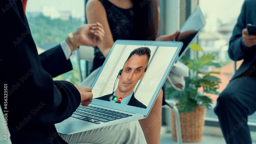 Video call group business people meeting on virtual workplace or remote office. Telework conference 