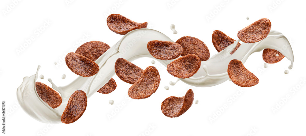 Chocolate corn flakes with milk splash isolated on white background