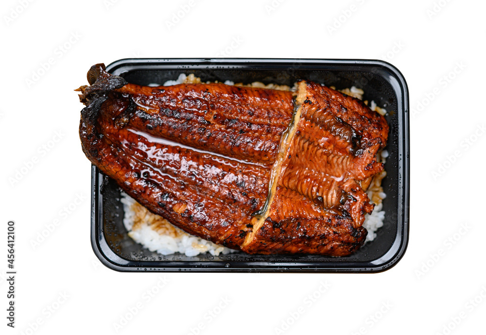 Unagi donburi，Unadon，日本鳗鱼，与米饭一起烤在碗里，在白底上隔离