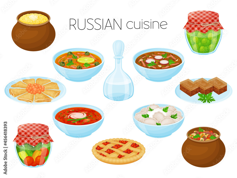 collection of meals. Russian cuisine. Cartoon style, Vector illustration. Isolated on white.