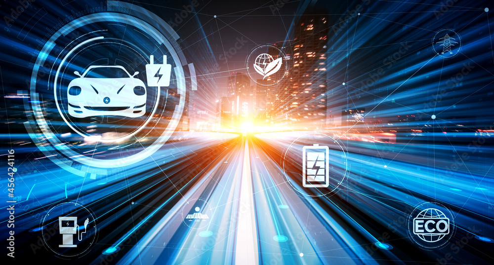 Electric car virtual reality graphic on road in fast speed EV charging station for green energy and 