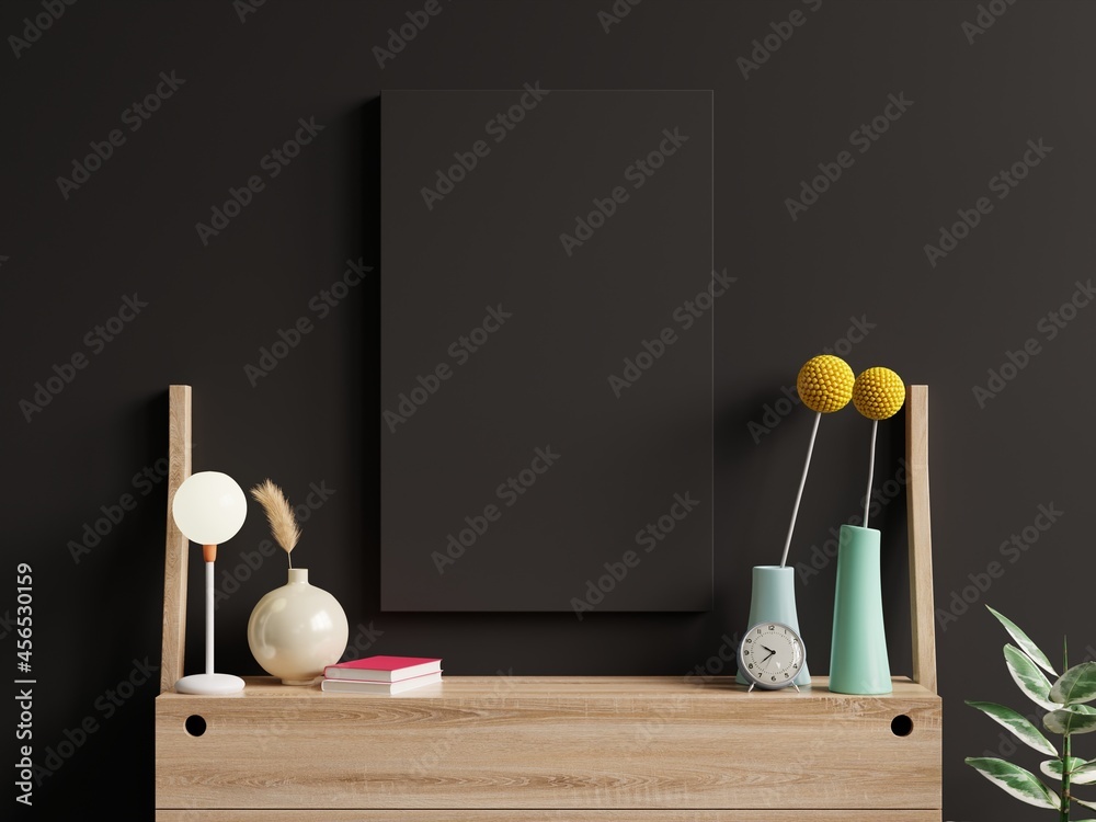 Mockup black poster in living room interior on empty dark wall background.