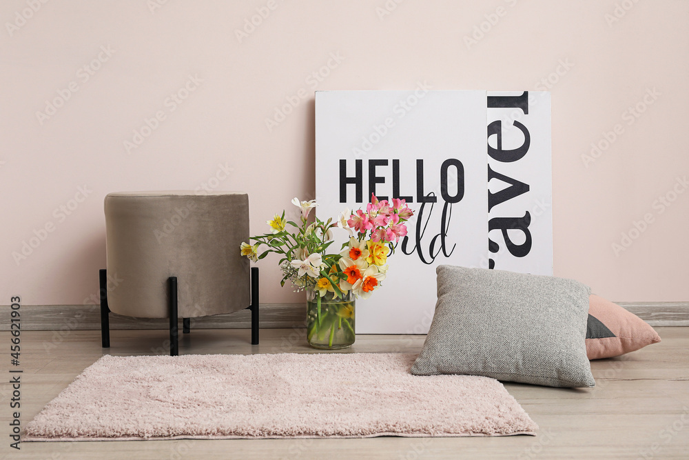 Vase with flowers in interior of stylish room