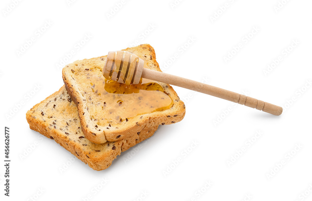 Tasty toasted bread with honey on white background