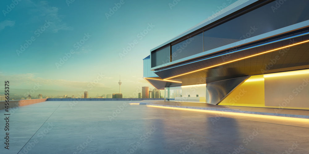 Perspective view of empty cement floor with steel and glass modern building exterior