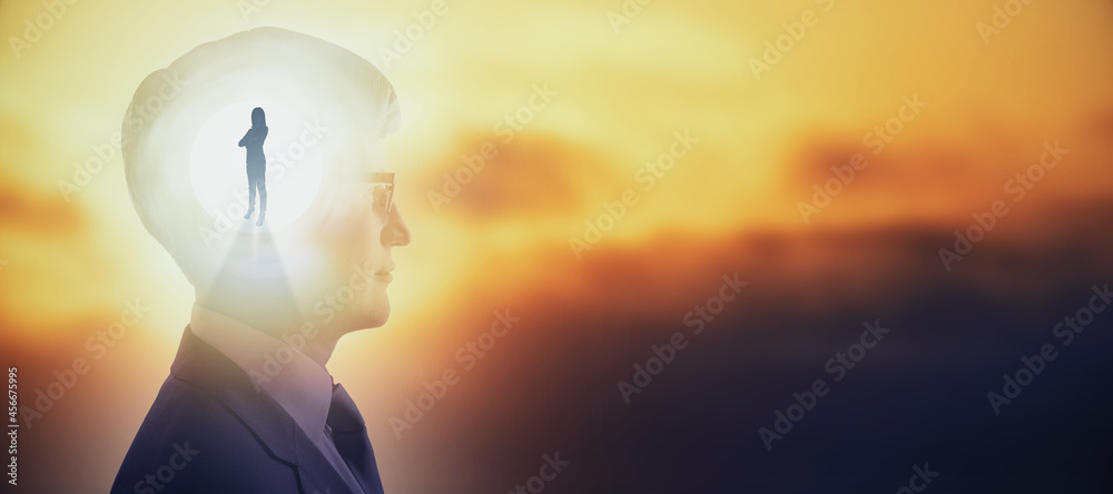 Businessman thinking about businesswoman on abstract sunset sky background with mock up place. Doubl