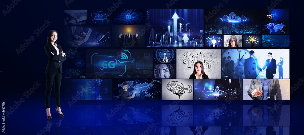 Young european businesswoman looking at media picture gallery. Digital multimedia concept.