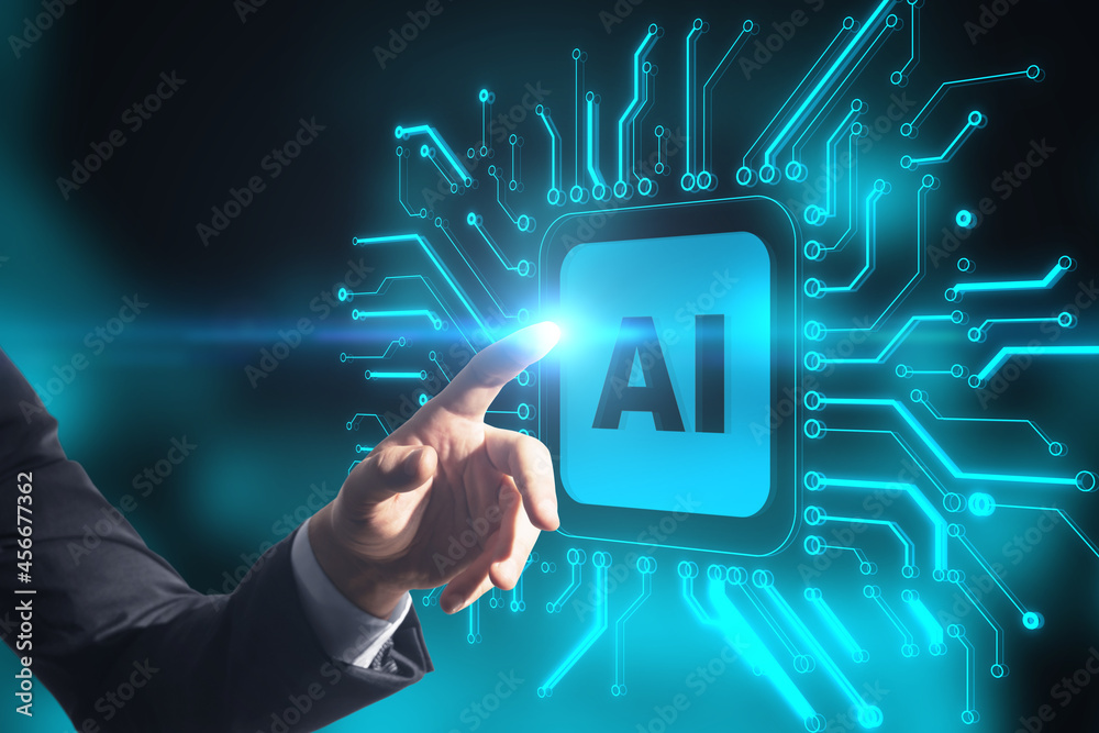 Businessman hand pointing at abstract blue AI chip on blurry background. Artificial intelligence, ha