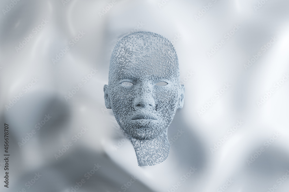 Abstract white human head on wavy background. Future, robotics and artificial intelligence backgroun