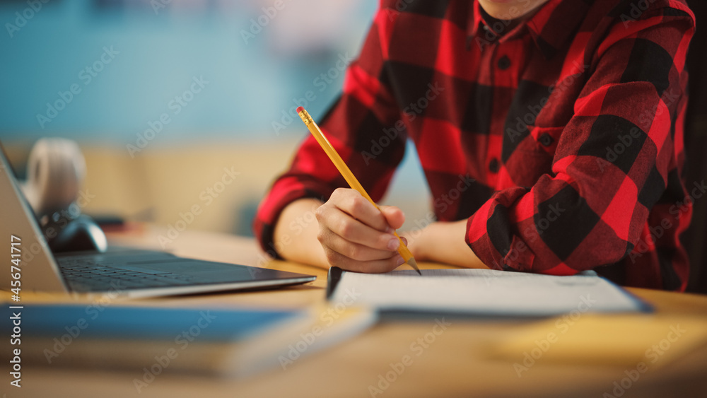 Smart Young Boy in Checkered Shirt Attending Online Class on Laptop Computer in Cozy Room at Home. H