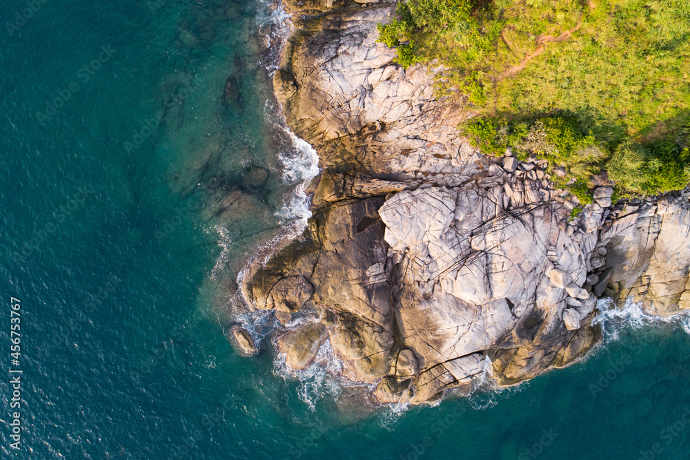 Aerial view Top down seashore Beautiful turquoise sea surface in sunny day Good weather day summer b