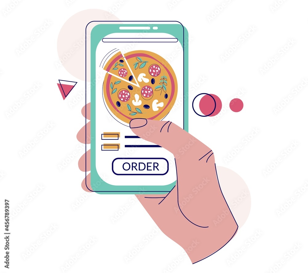 Hand holding smartphone with pizza on screen, vector illustration. Online pizza order and delivery.