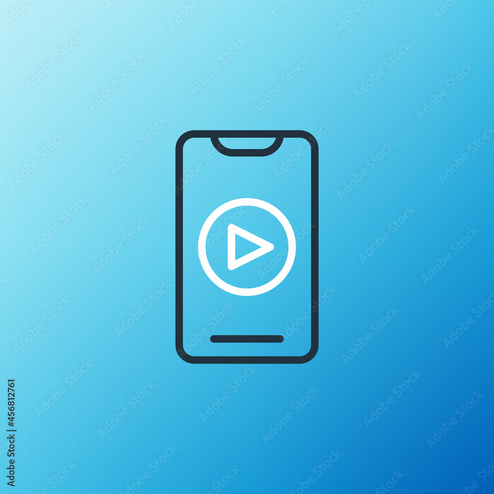 Line Online play video icon isolated on blue background. Smartphone and film strip with play sign. C