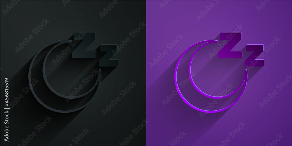 Paper cut Time to sleep icon isolated on black on purple background. Sleepy zzz. Healthy lifestyle. 