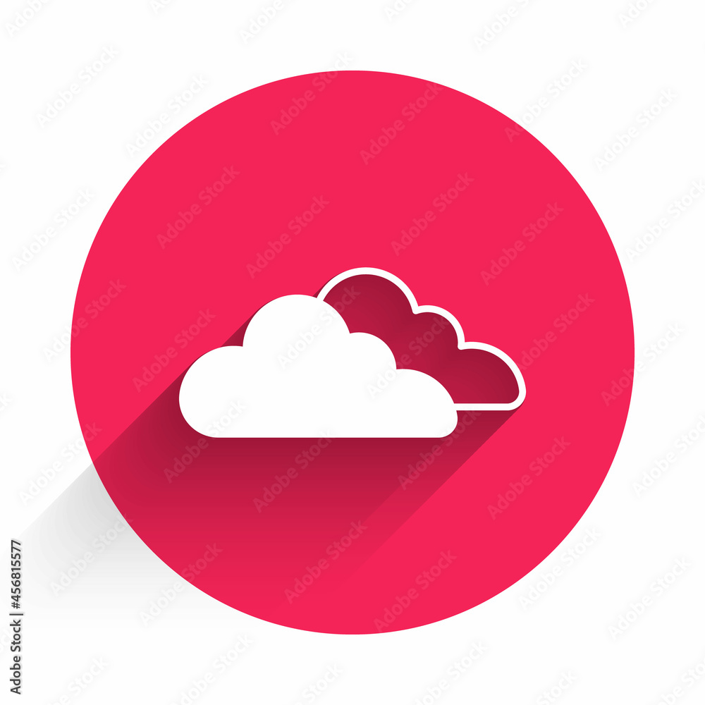 White Cloud icon isolated with long shadow. Red circle button. Vector