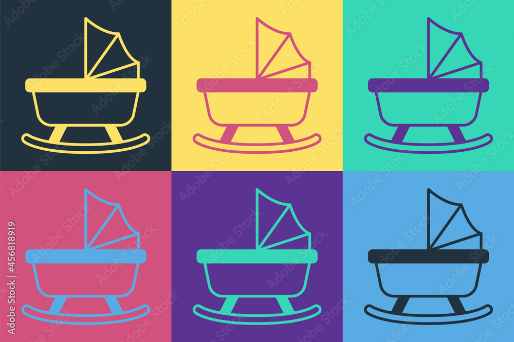 Pop art Baby stroller icon isolated on color background. Baby carriage, buggy, pram, stroller, wheel