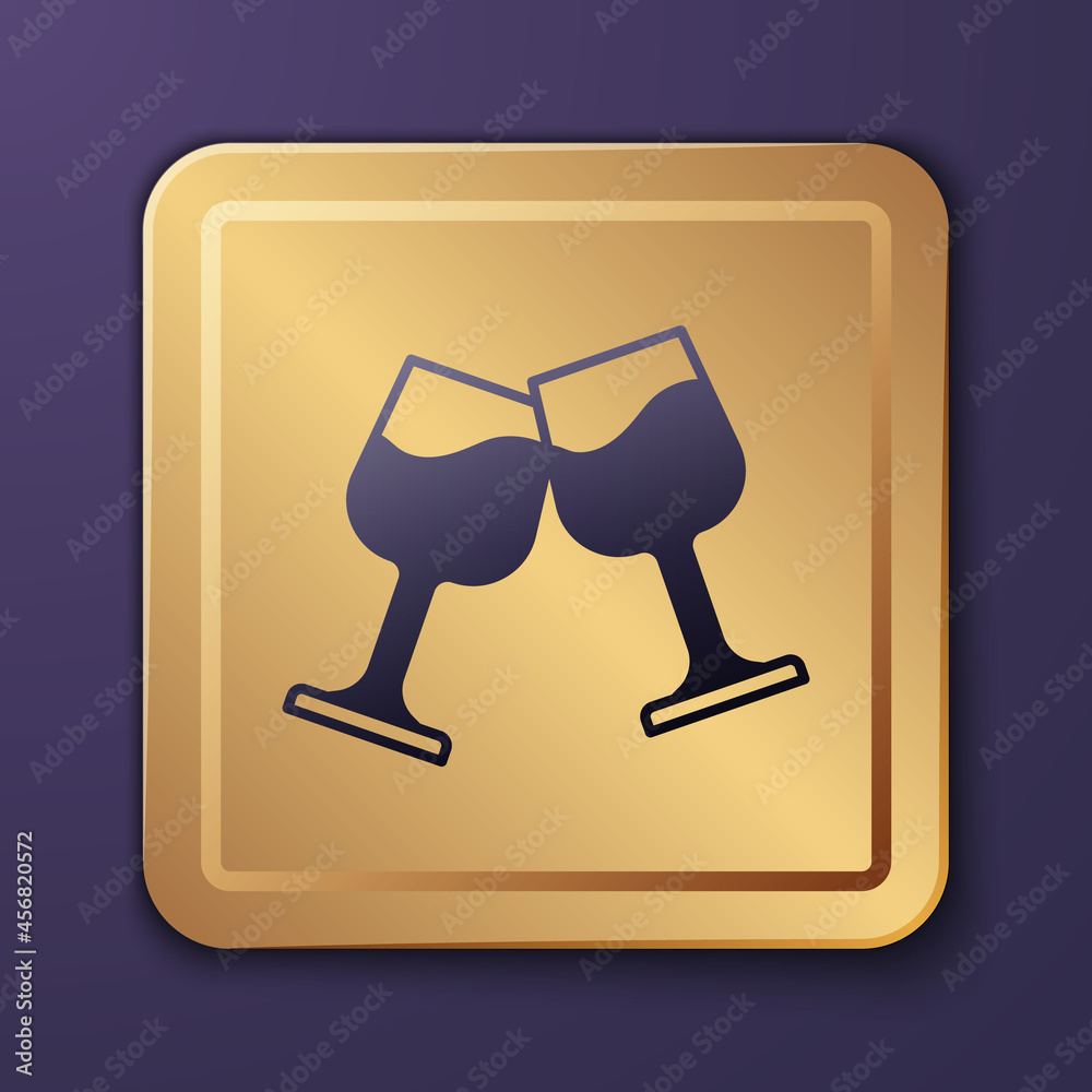 Purple Wine glass icon isolated on purple background. Wineglass sign. Gold square button. Vector