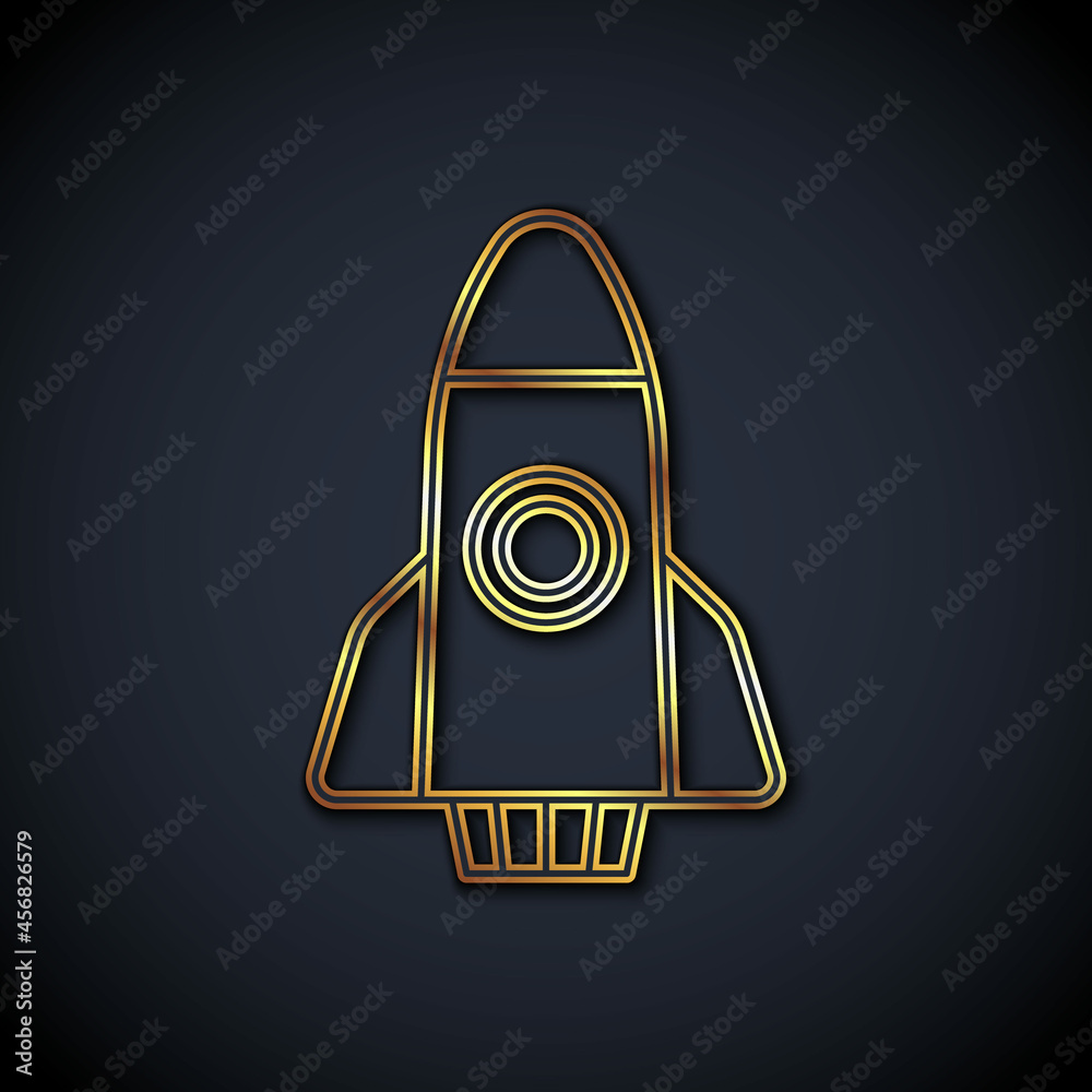 金线火箭飞船图标被隔离在黑色背景上。太空旅行。矢量