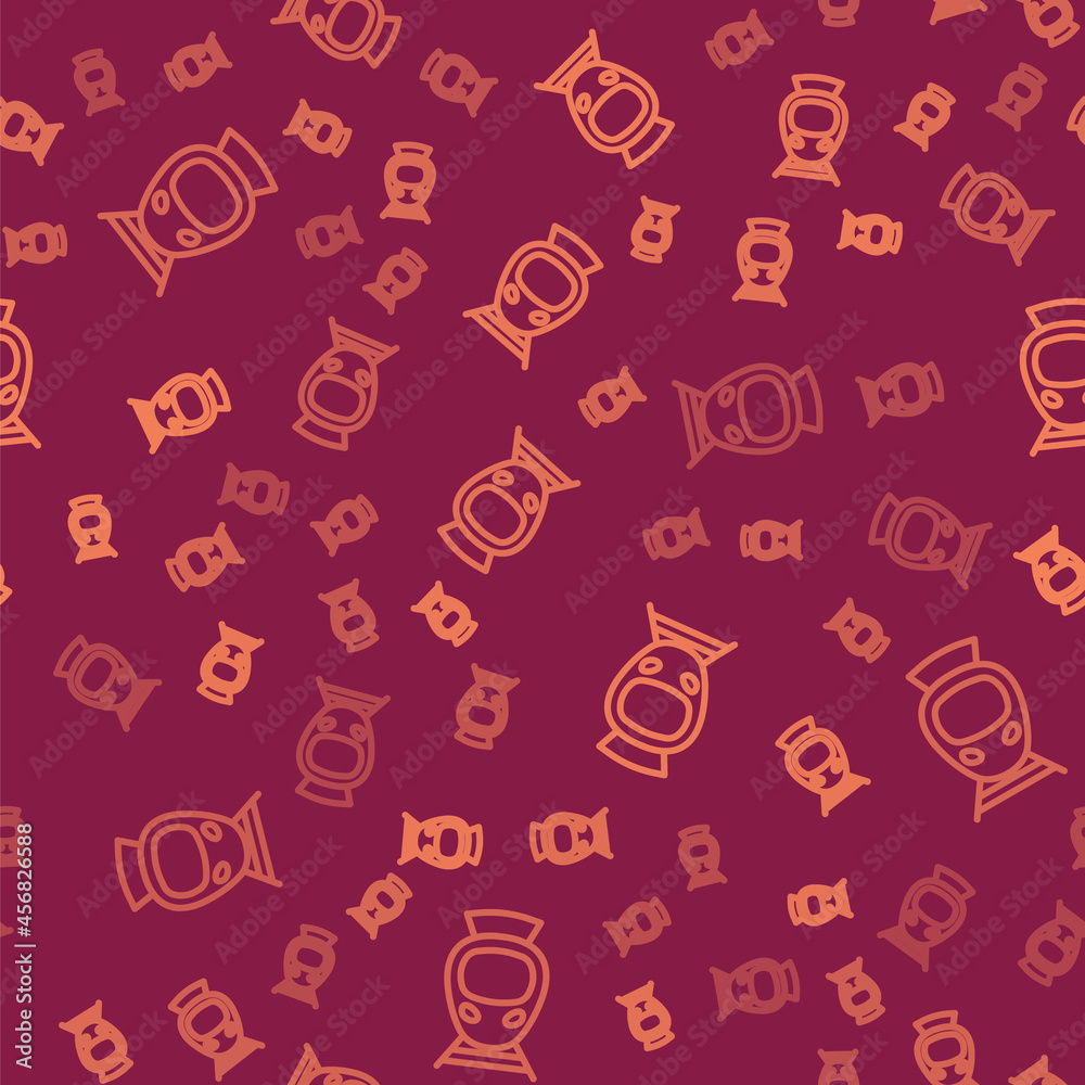 Brown line Tram and railway icon isolated seamless pattern on red background. Public transportation 