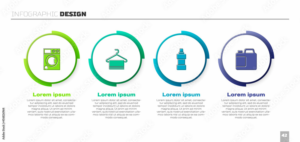 Set Washer, Towel on hanger, Bottle for cleaning agent and . Business infographic template. Vector