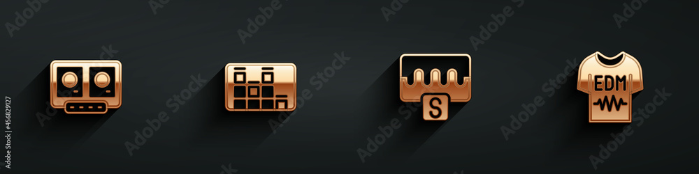 Set DJ remote and mixing music, Music equalizer, wave and T-shirt icon with long shadow. Vector