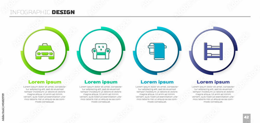 设置出租车、扶手椅、毛巾架和酒店客房床。商业信息图模板。矢量