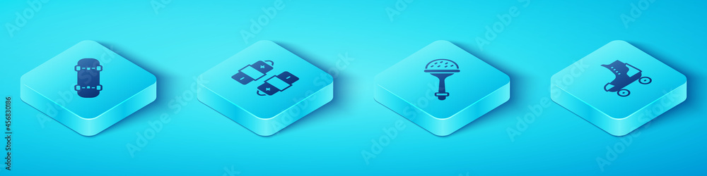 Set Isometric Skateboard, Battery, Roller skate and Rattle baby toy icon. Vector