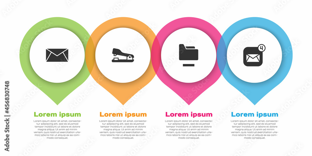 设置邮件和电子邮件、装订器、文档文件夹和信封。业务信息图模板。矢量