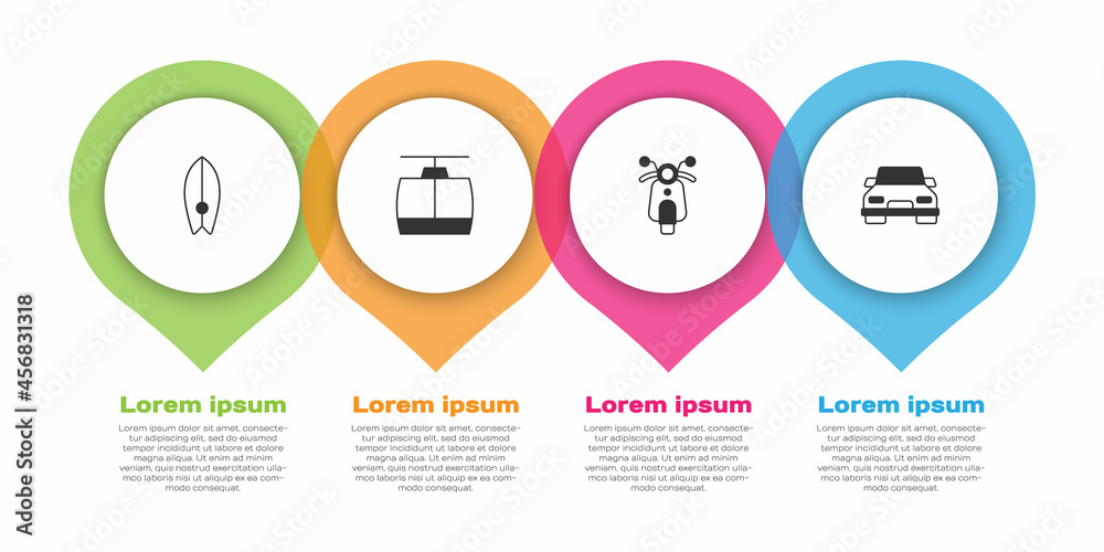 设置冲浪板、缆车、滑板车和汽车。商业信息图模板。矢量