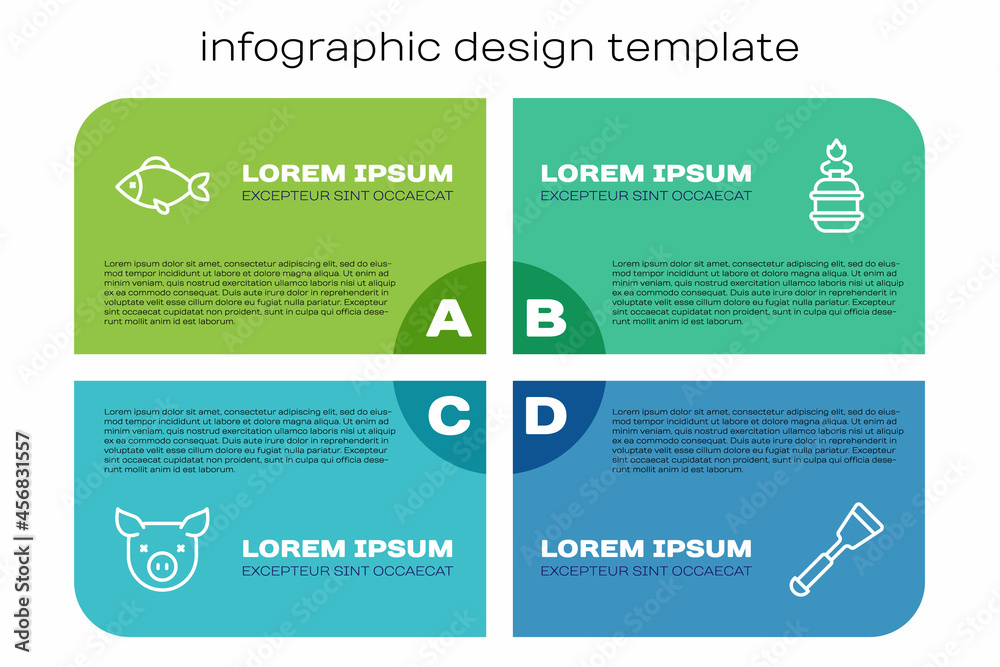 Set line Pig, Fish, Spatula and Camping gas stove. Business infographic template. Vector