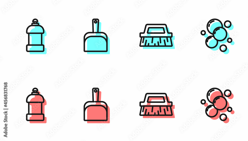 Set line Brush for cleaning, Bottle agent, Dustpan and Soap water bubbles icon. Vector