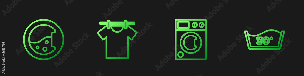 设置洗衣机、烘干衣物和温度洗涤。渐变色图标。矢量