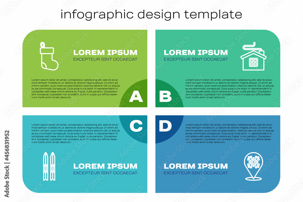 Set line Ski and sticks, Christmas stocking, Snowflake and Merry house. Business infographic templat