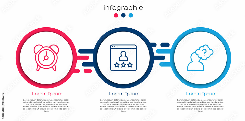 Set line Alarm clock, Customer product rating and Head with question mark. Business infographic temp