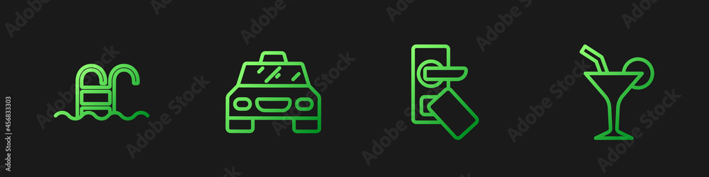 设置线数字门锁、游泳池、出租车和鸡尾酒。渐变色图标。矢量