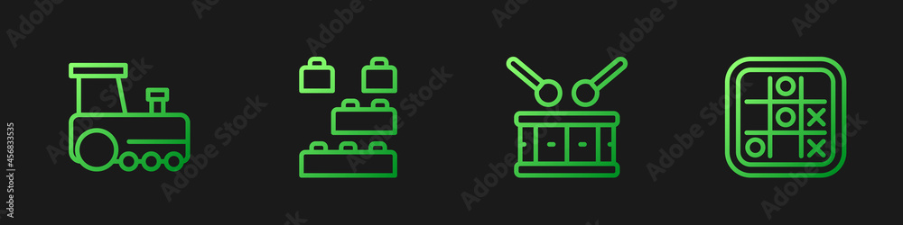 用鼓槌、玩具火车、积木和抖音游戏设置线鼓。渐变colo