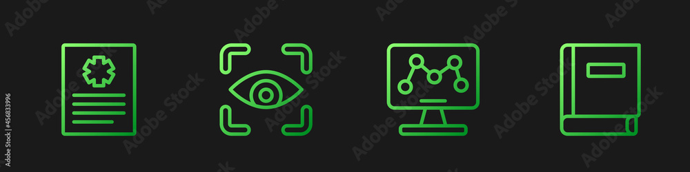 Set line Genetic engineering, Patient record, Eye scan and Science book. Gradient color icons. Vecto