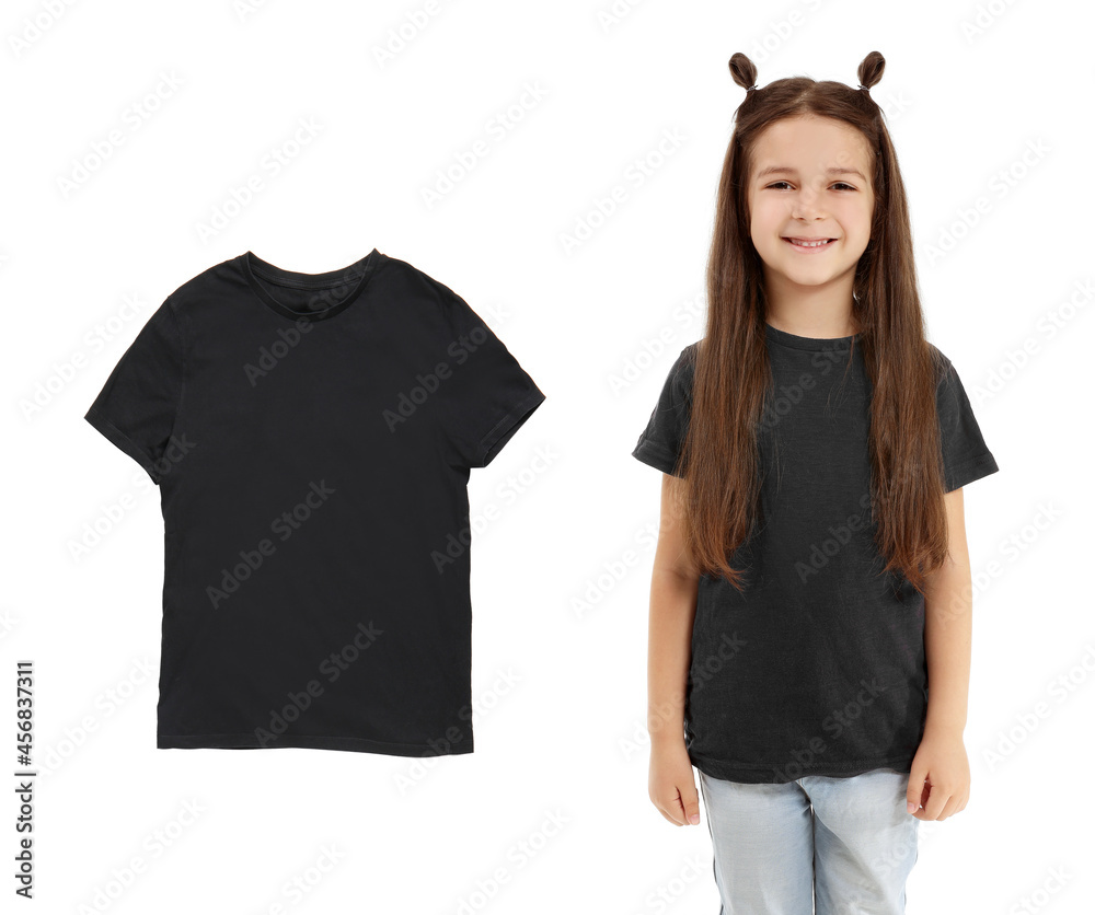 Little girl in stylish t-shirt on white background