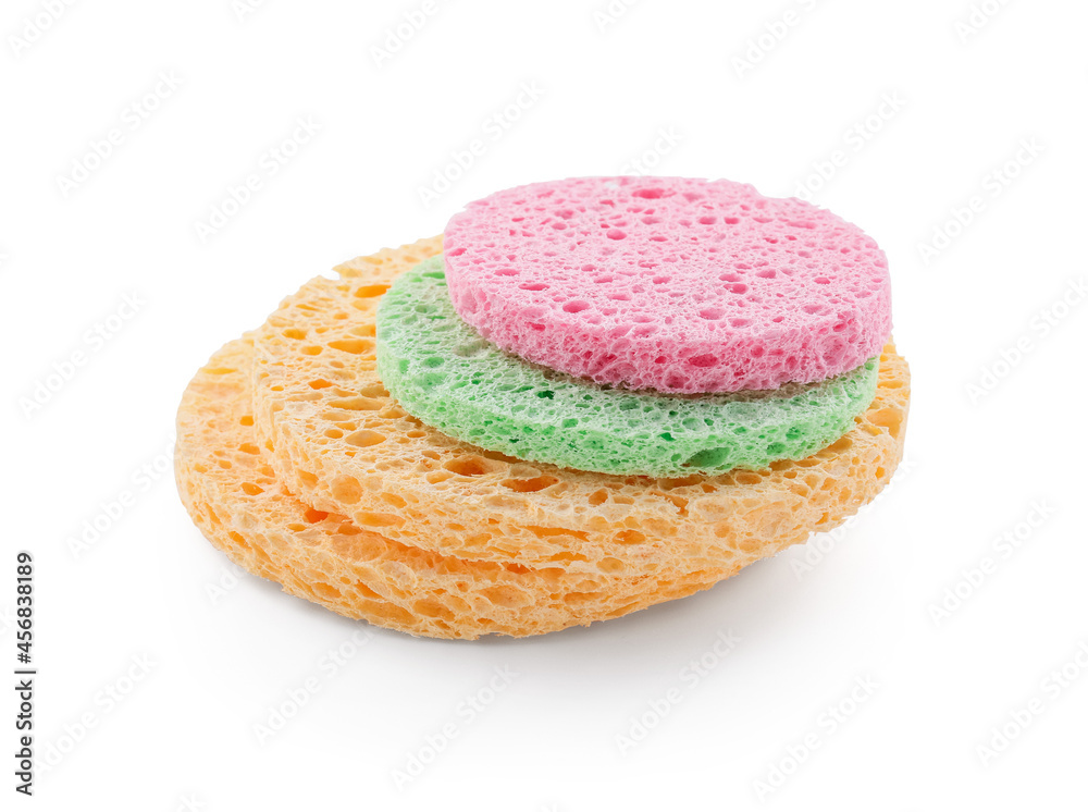 Colorful sponges for makeup cleaning on white background