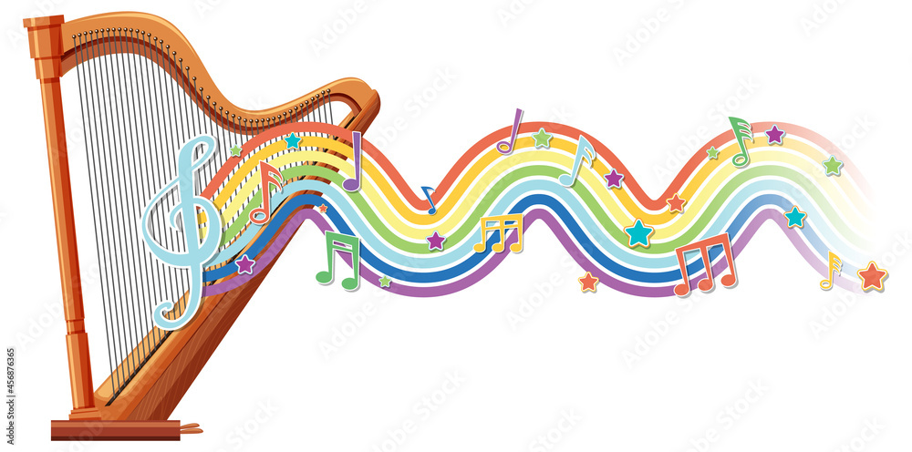 Harp with melody symbols on rainbow wave