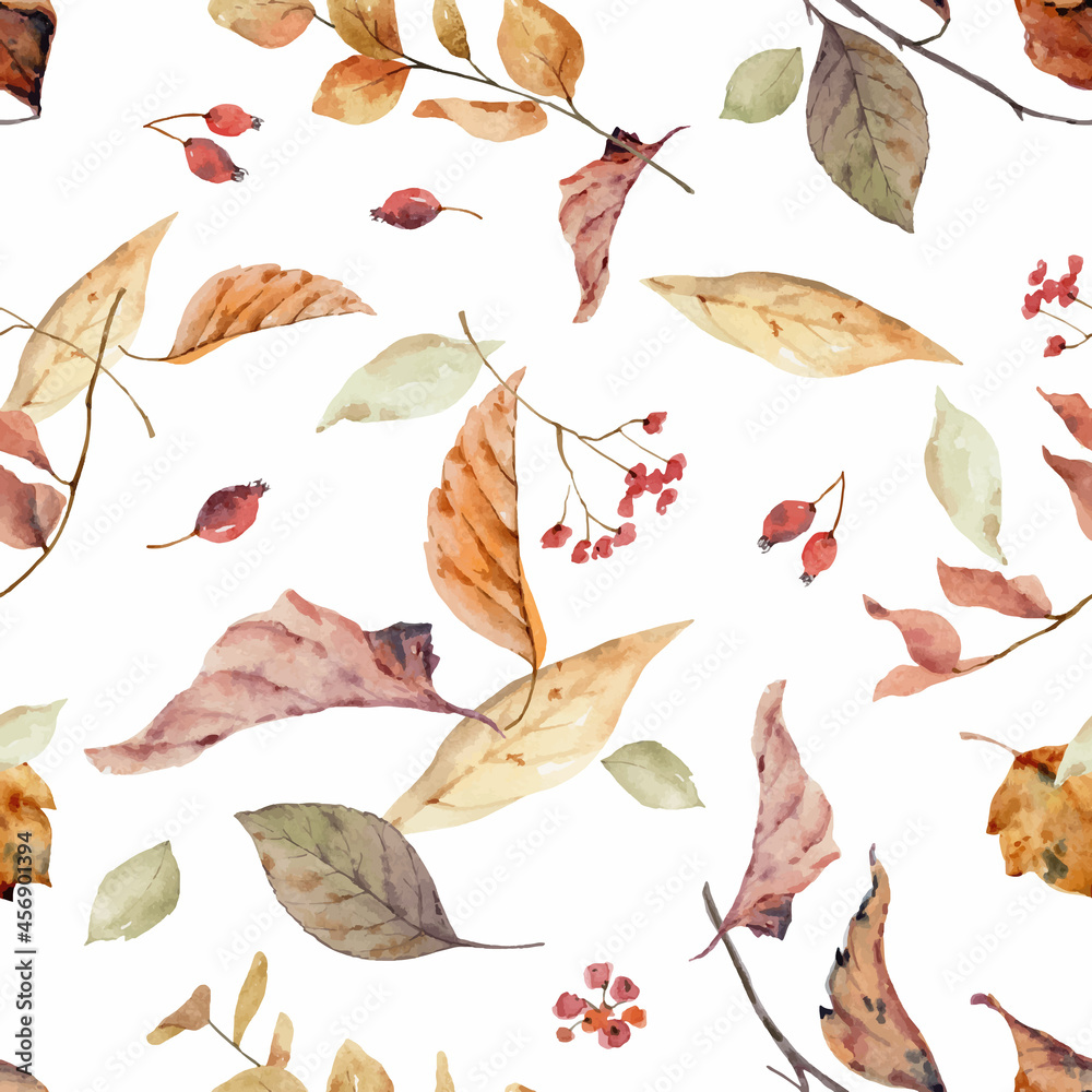 Watercolor vector seamless pattern with colorful pumpkins and leaves.