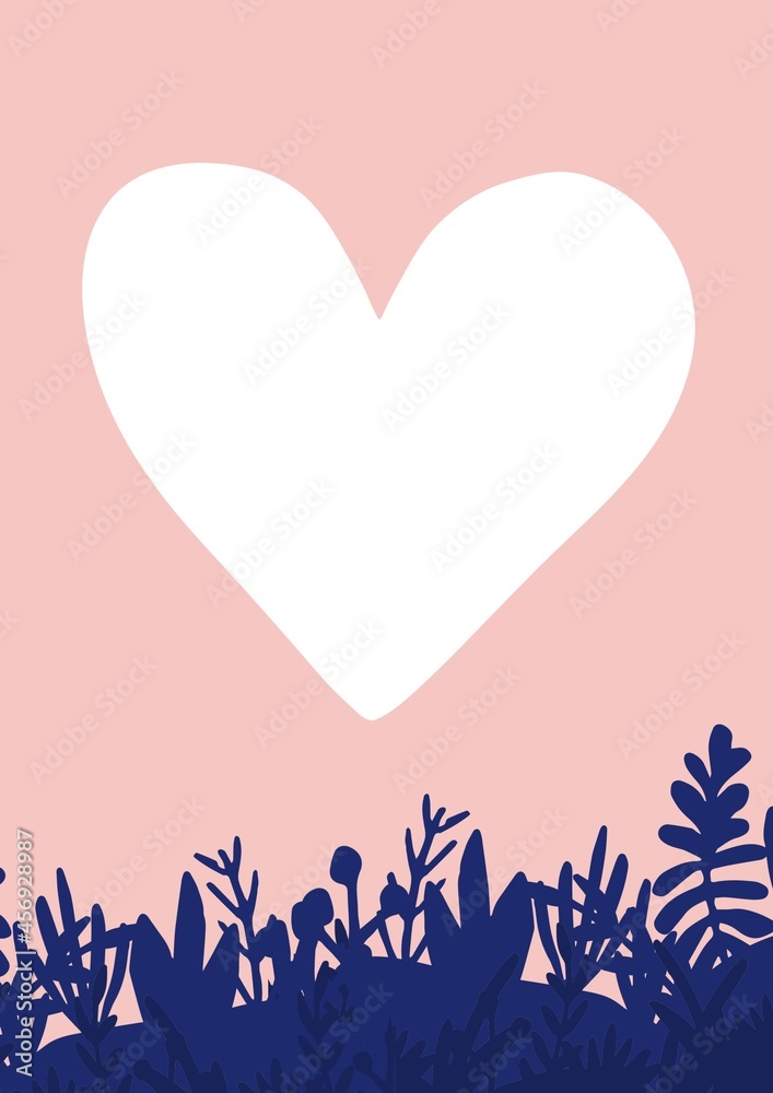 Digitally generated image of white heart icon and blue floral design on pink background