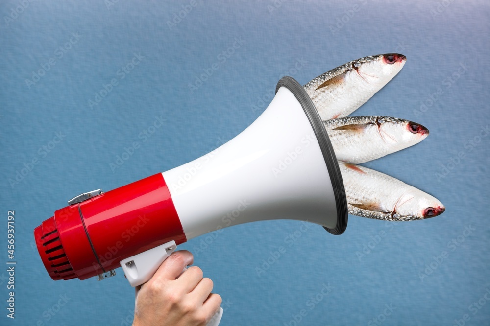 Human hand holding megaphone with fish. Contemporary art collage, modern artwork.