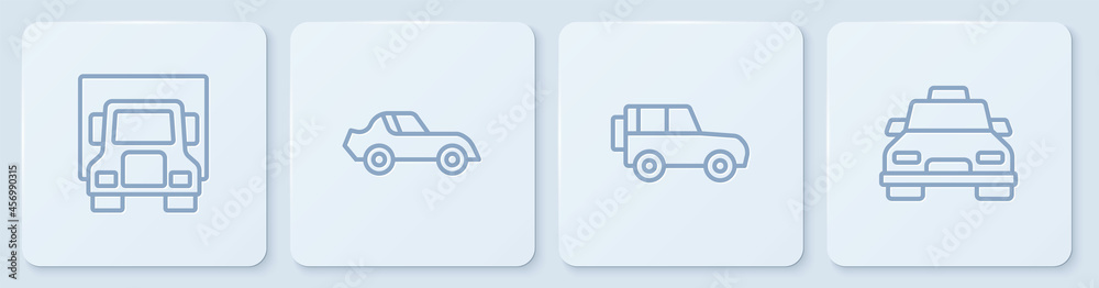 设线送货卡车，越野，汽车和出租车。白色方形按钮。矢量