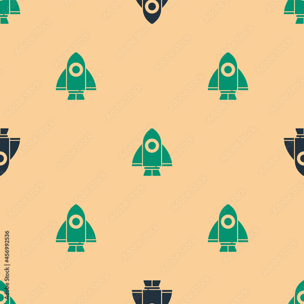 Green and black Rocket ship icon isolated seamless pattern on beige background. Space travel. Vector