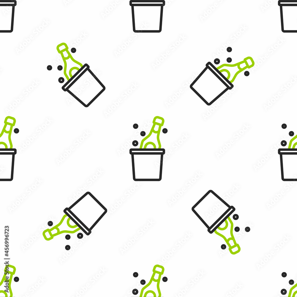 Line Bottle of champagne in an ice bucket icon isolated seamless pattern on white background. Vector